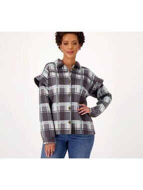 Candace Cameron Bure Shirt Jacket Size 2X Ruffle Sleeve Black Plaid Preppy NEW